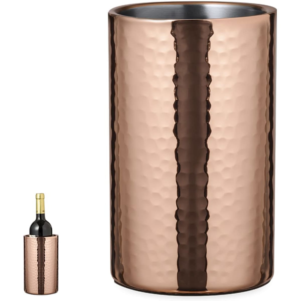 A drink bottle with a hammered finish in rose gold, featuring a sleek design and a stainless steel interior.