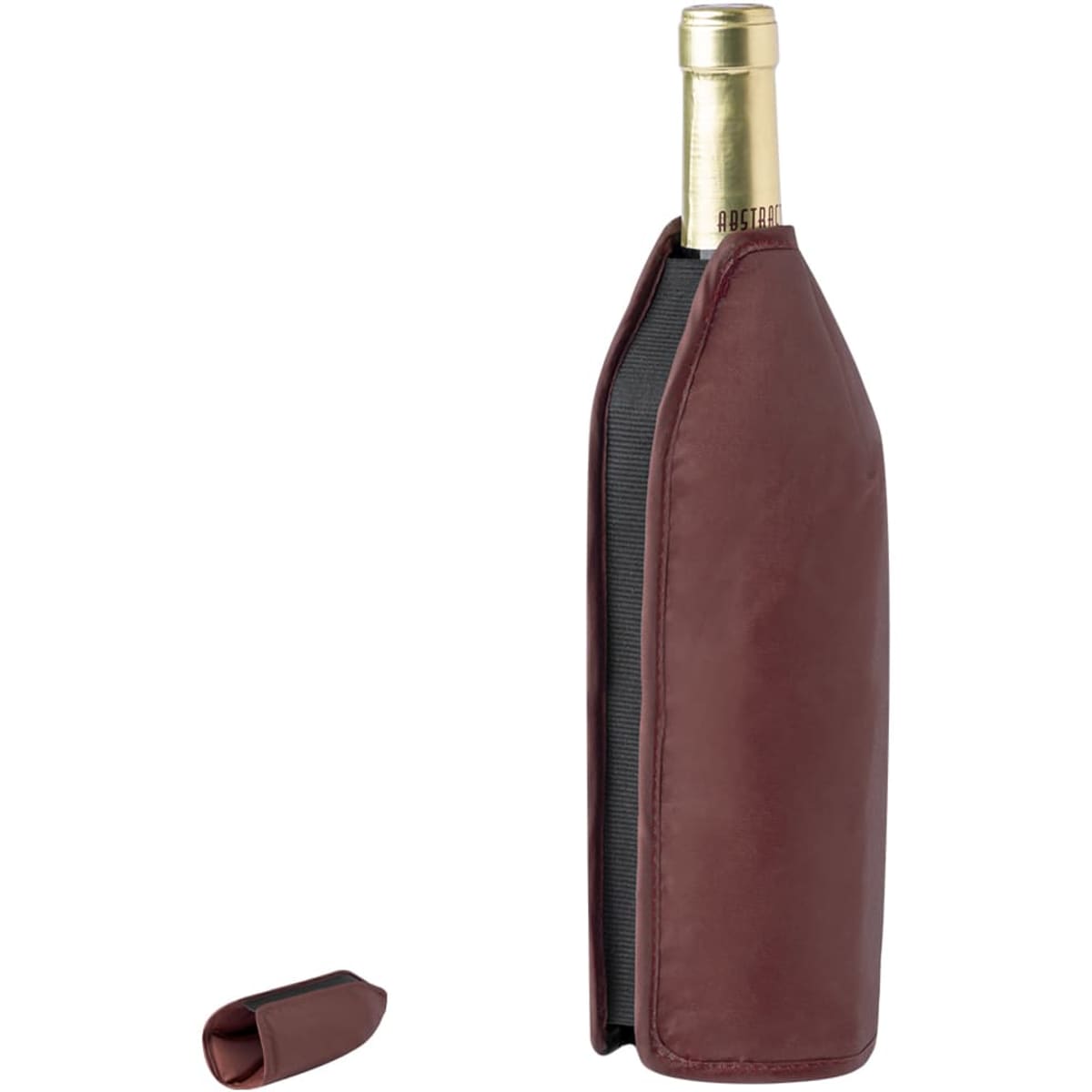 A drink bottle cooler in burgundy, featuring a sleek design and a branding logo, with a removable top cover.
