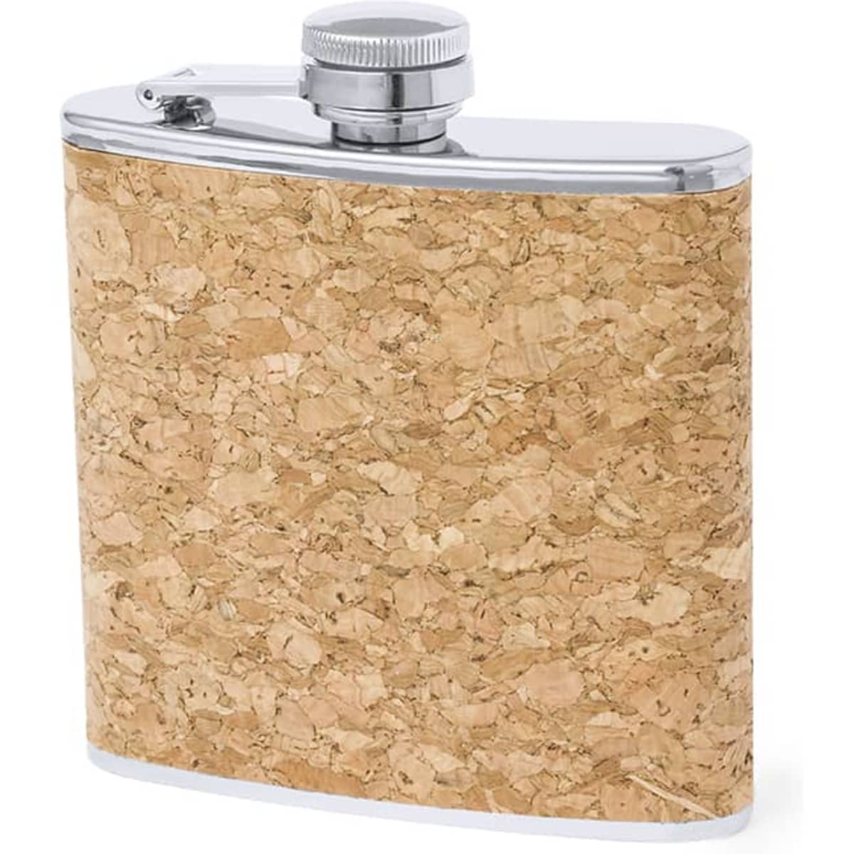 A drink bottle featuring a cork exterior and a silver screw top, with a sleek, curved design.