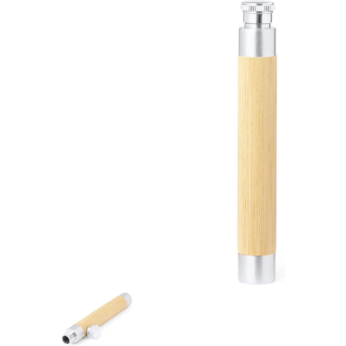 A drink bottle with a bamboo body and silver metal accents, featuring a logo on its surface.