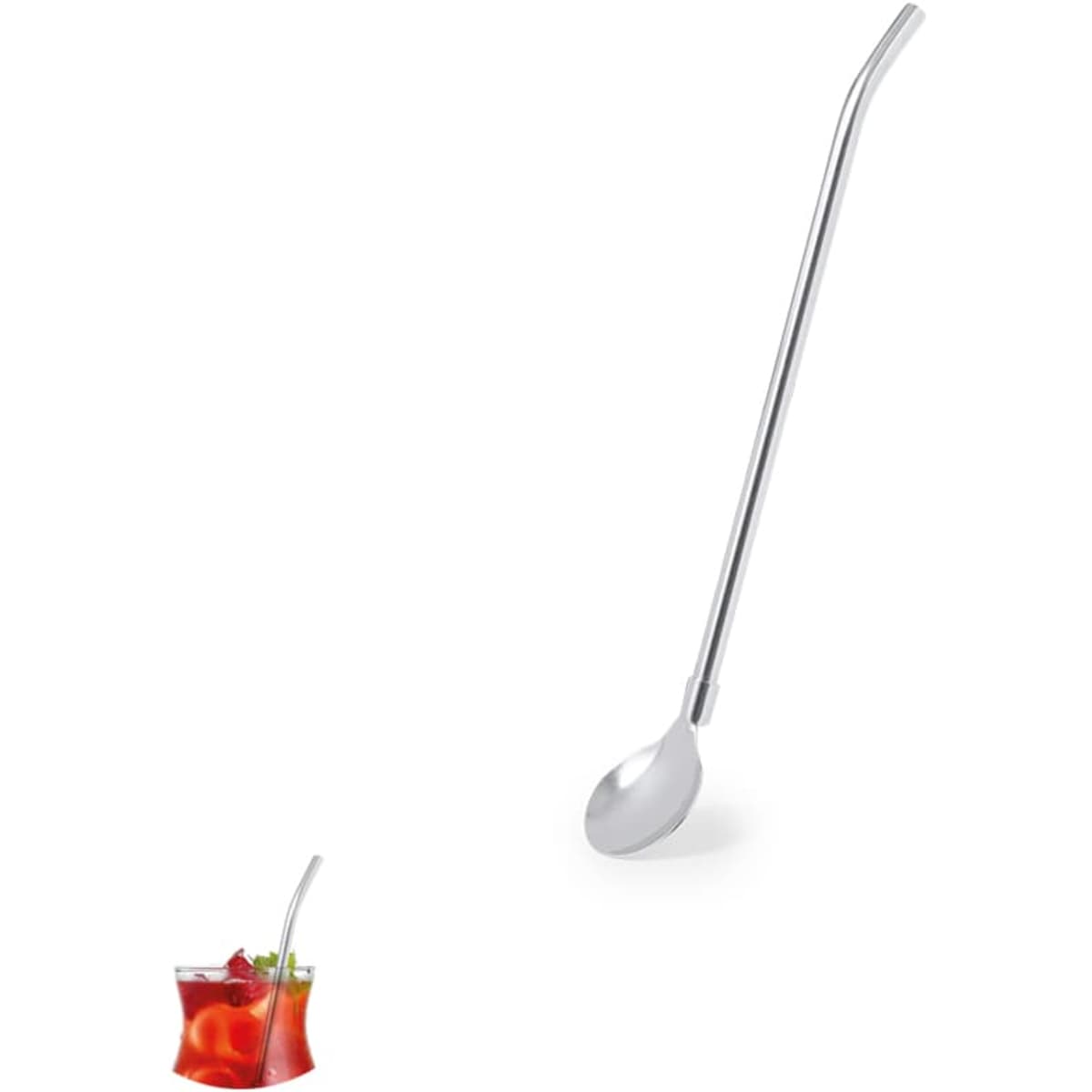 A stainless steel drinking straw with a spoon-shaped end, suitable for beverages.