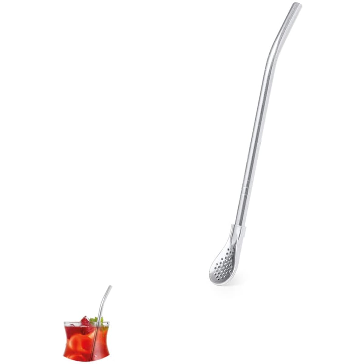 A drinking straw in silver stainless steel with a perforated tip, designed for use with beverages.