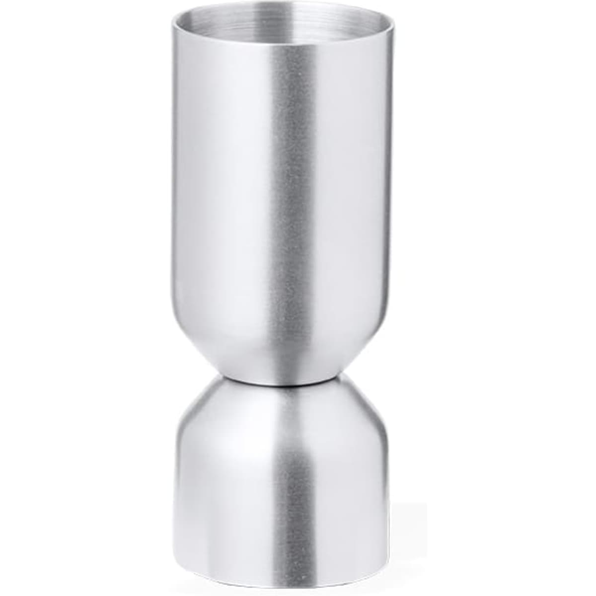 A drink bottle in silver stainless steel with a sleek, modern design and a rounded base. It features a branding logo.