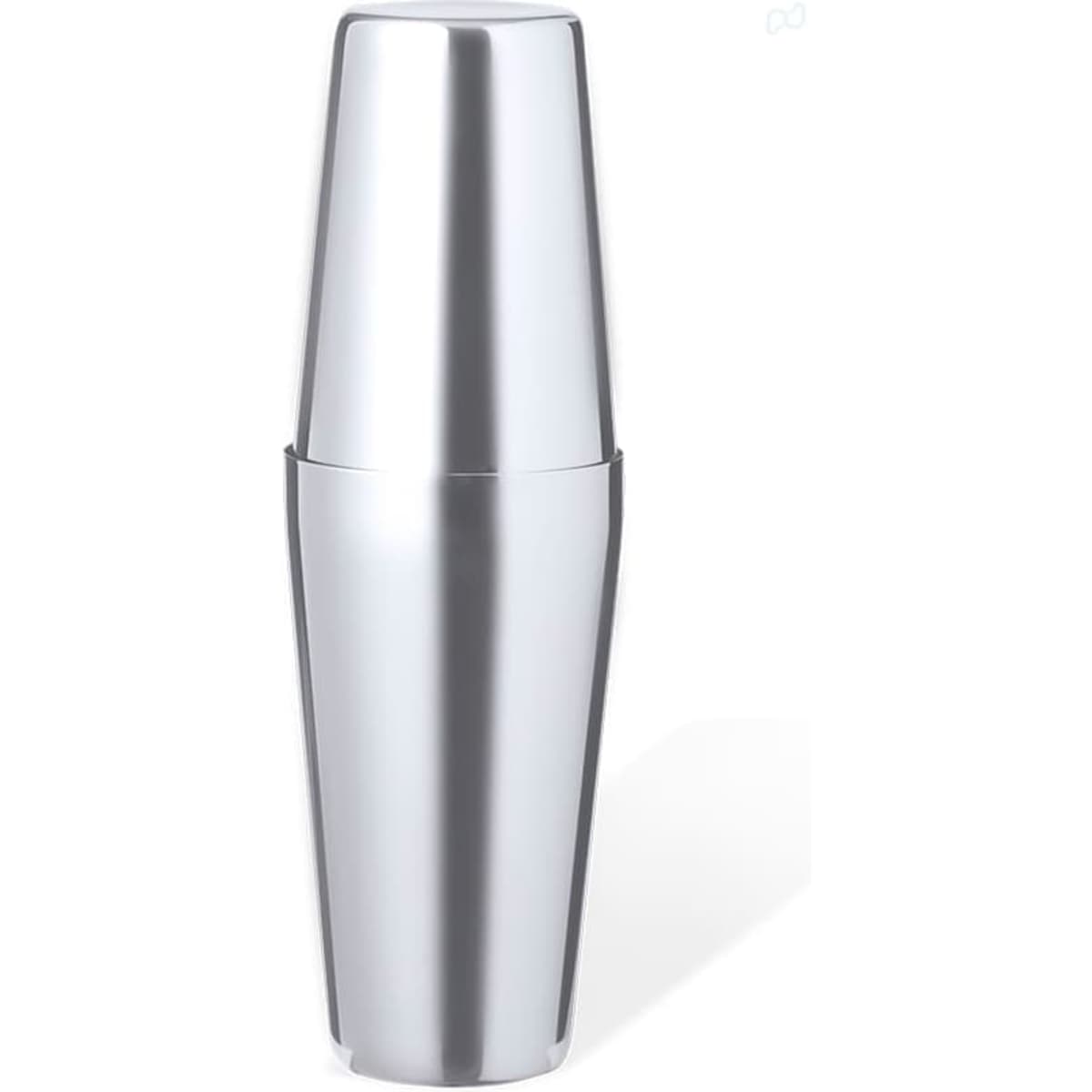 A drink bottle with a sleek silver design and a tapered shape, featuring a logo.