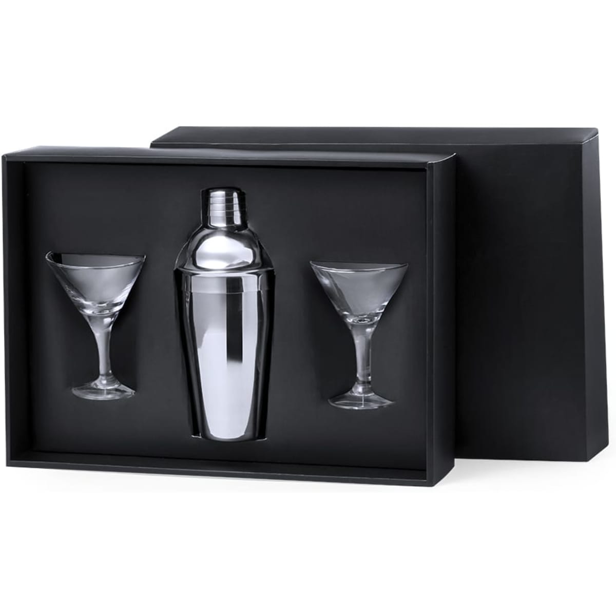 A drink bottle set featuring a silver cocktail shaker and two clear martini glasses, packaged in a black box.