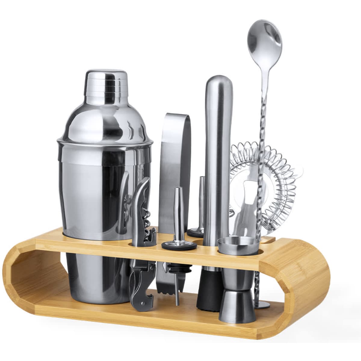 A cocktail shaker set featuring stainless steel utensils arranged on a bamboo stand. Includes a shaker, jigger, and strainer.