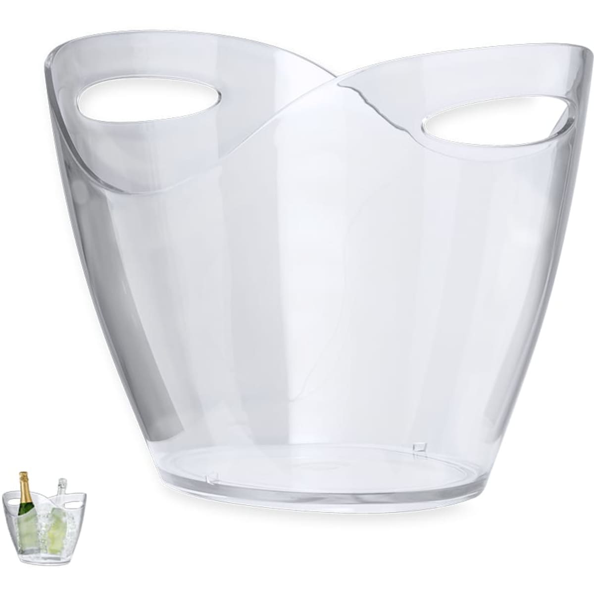 A clear ice bucket with a modern design, featuring two handles for ease of use.