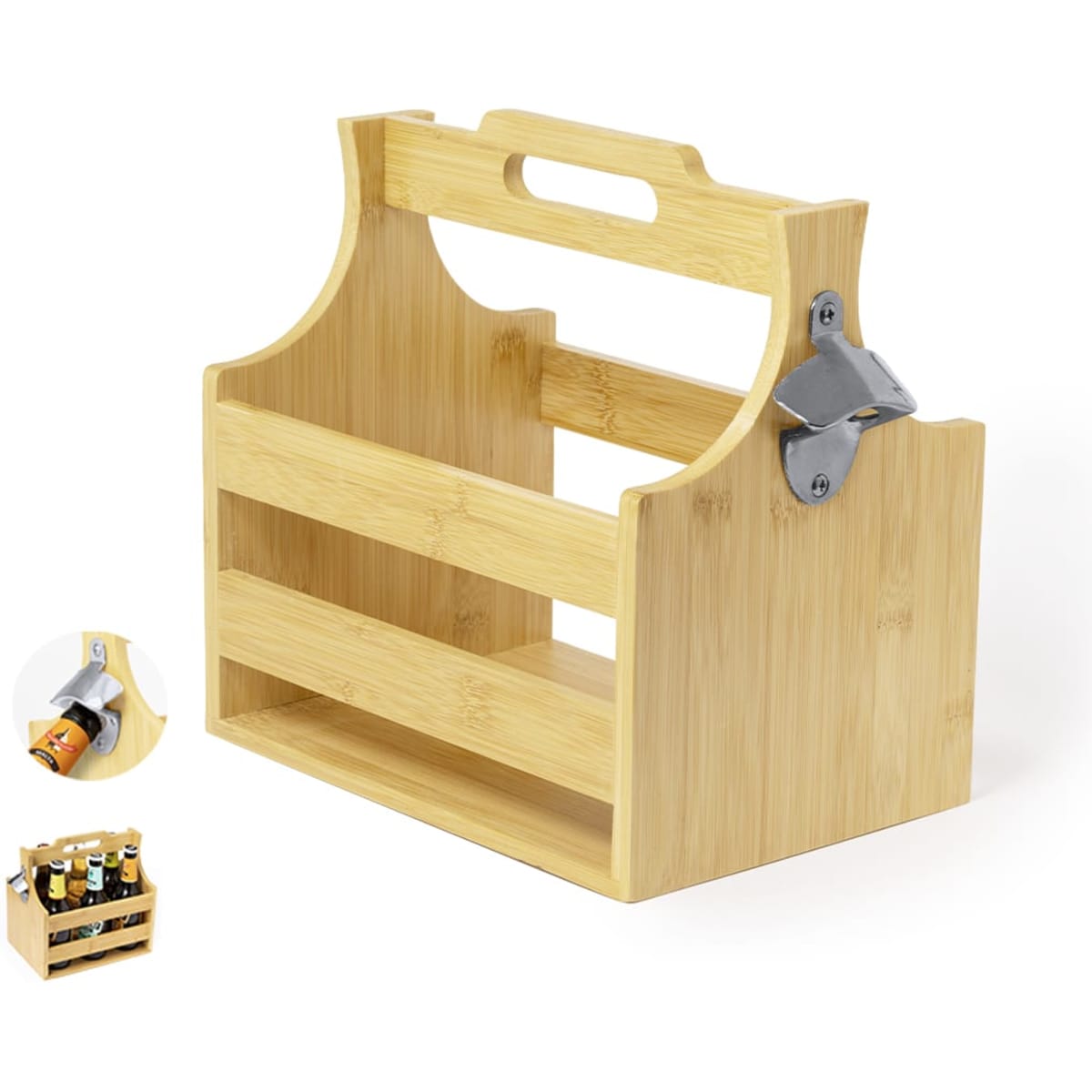 A bamboo drink caddy with a handle and bottle opener, featuring multiple compartments for storing bottles.