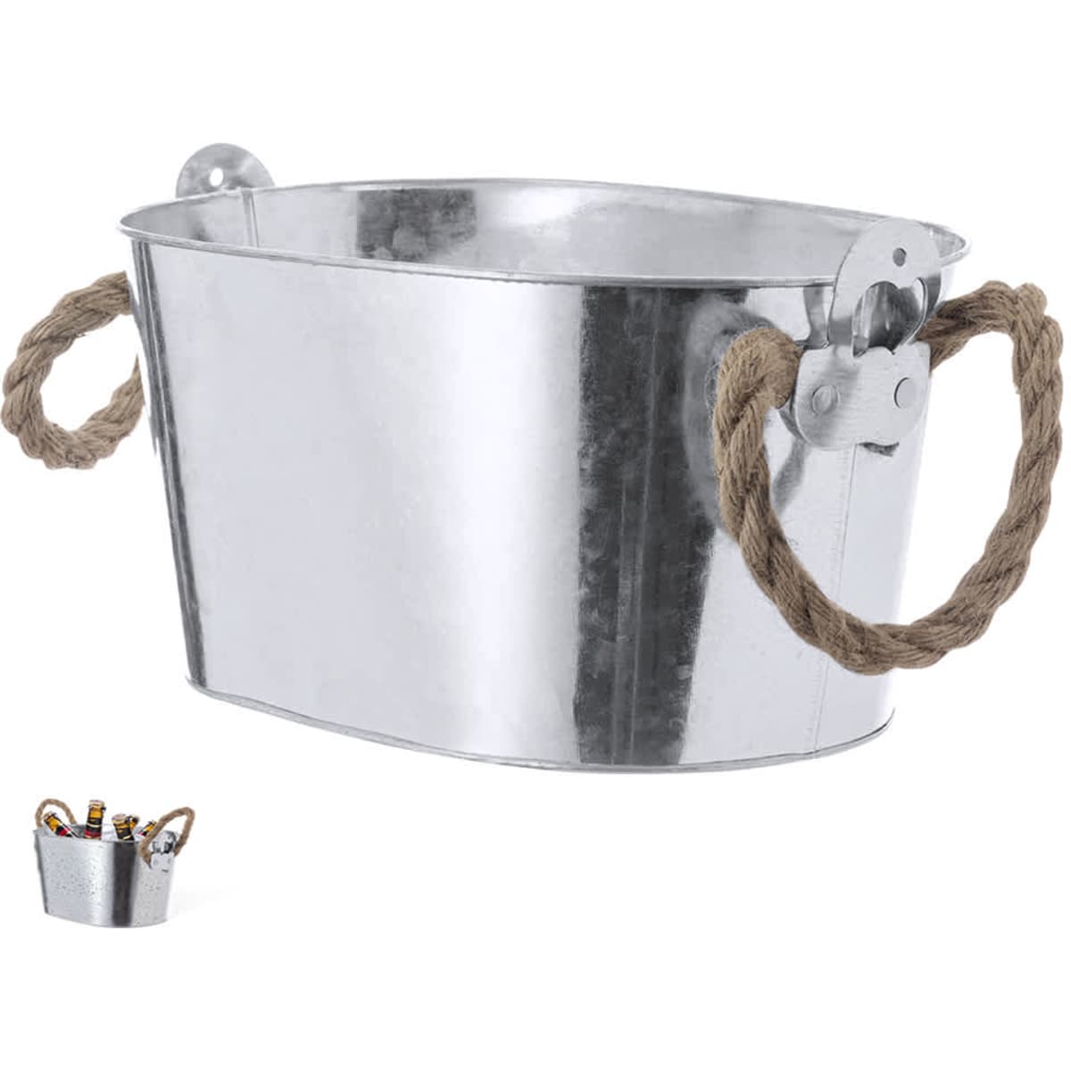 A silver ice bucket with rope handles, designed for leisure and outdoor use. Includes a small image of a filled bucket.