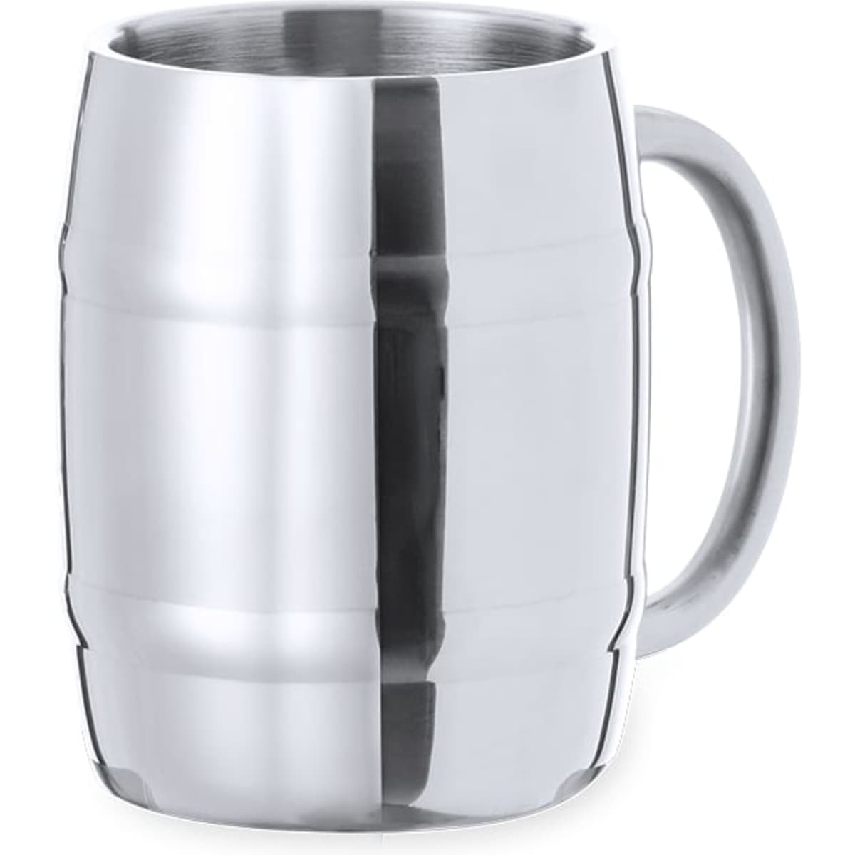 A stainless steel beer mug with a sleek, polished finish and a sturdy handle. Features a simple design and branding.