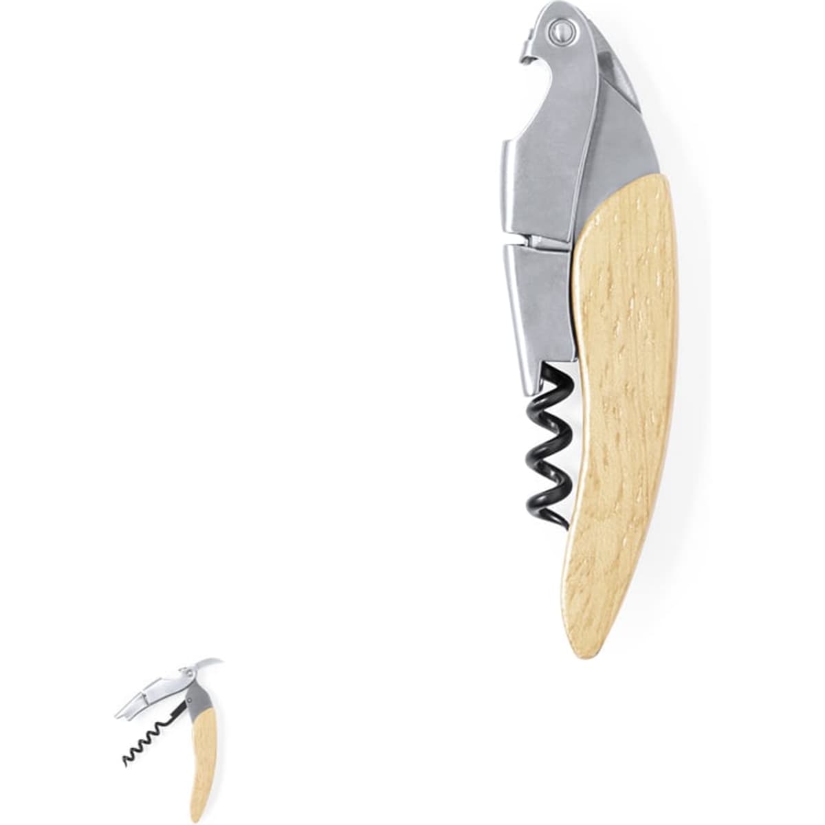 A drink bottle opener featuring a sleek metallic design and a light wood handle, with a logo on the side.