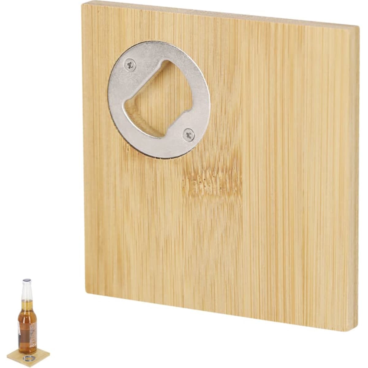 A bamboo coaster with a metal bottle opener attached, featuring a simple and natural design.