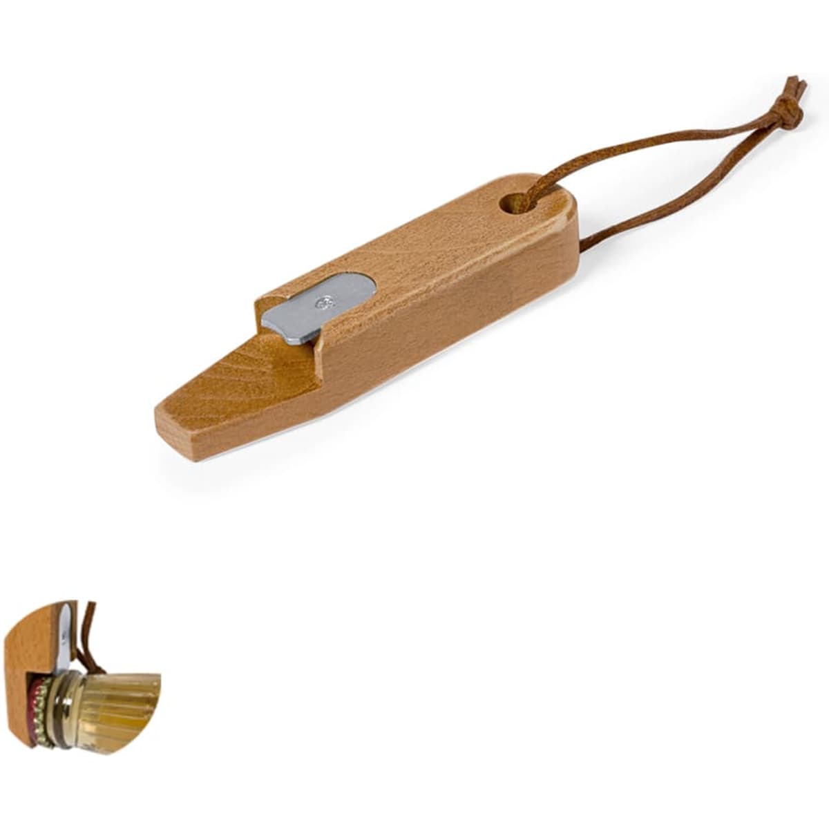 A drink bottle opener made of light wood with a metal blade and a leather strap. It features a logo on the side.