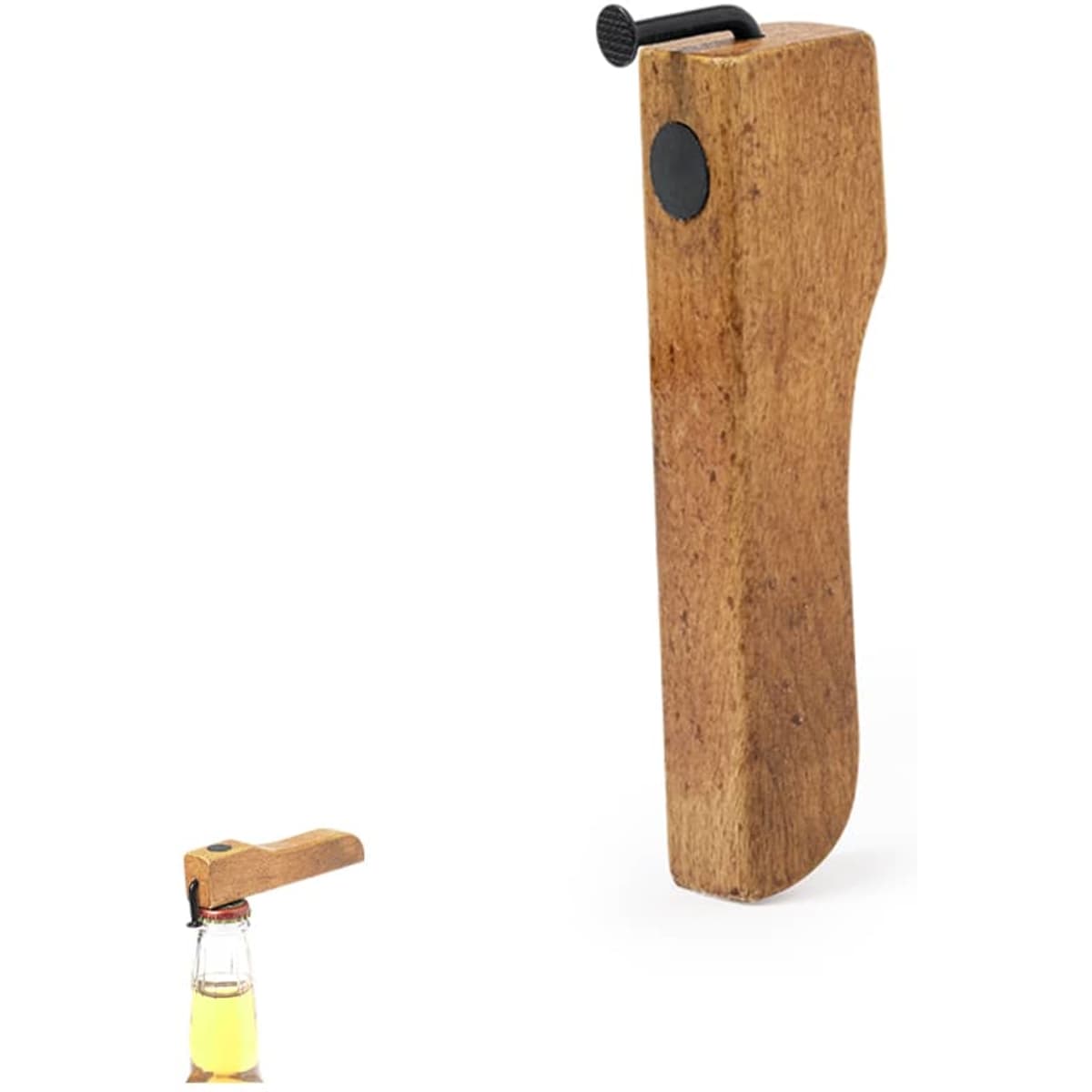 A drink bottle opener made of wood with a sleek design and a metal button, featuring a small logo.