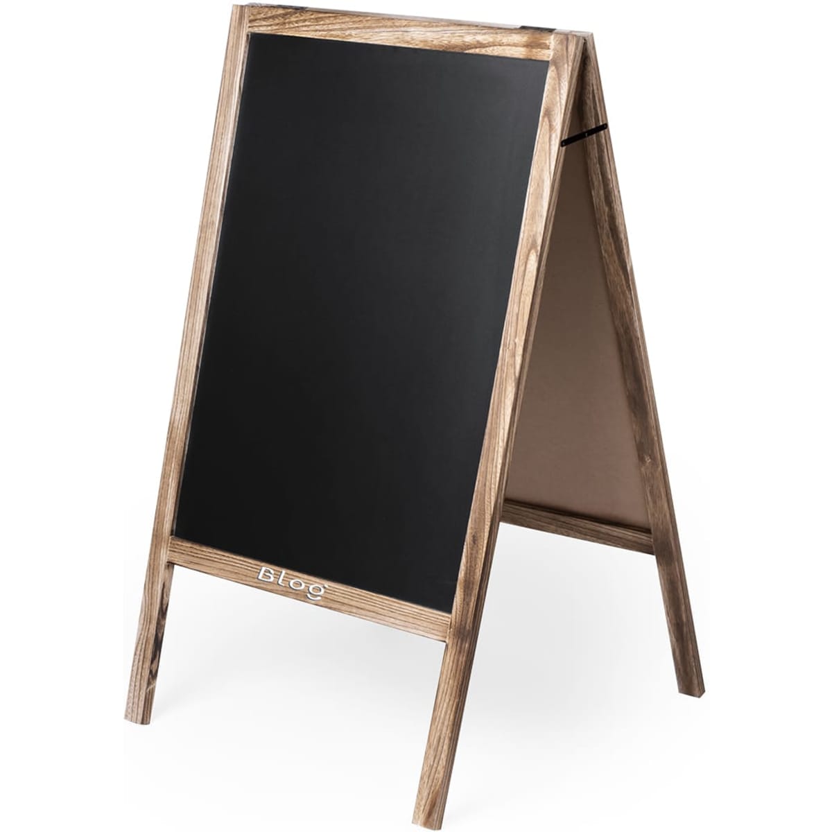 A wooden A-frame blackboard with a natural finish, featuring a solid black writing surface.