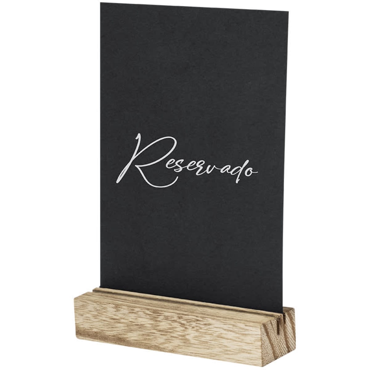 A wooden display stand with a black card featuring elegant white script. The card reads "Reservado" and is held upright.