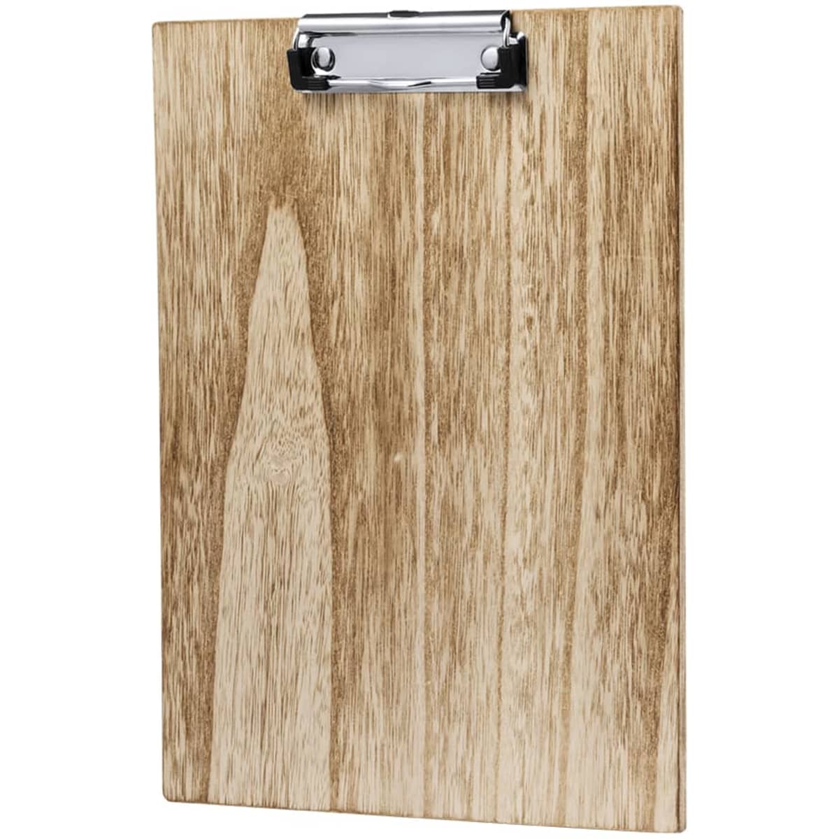 A wooden clipboard with a metal clip, featuring a natural wood finish.