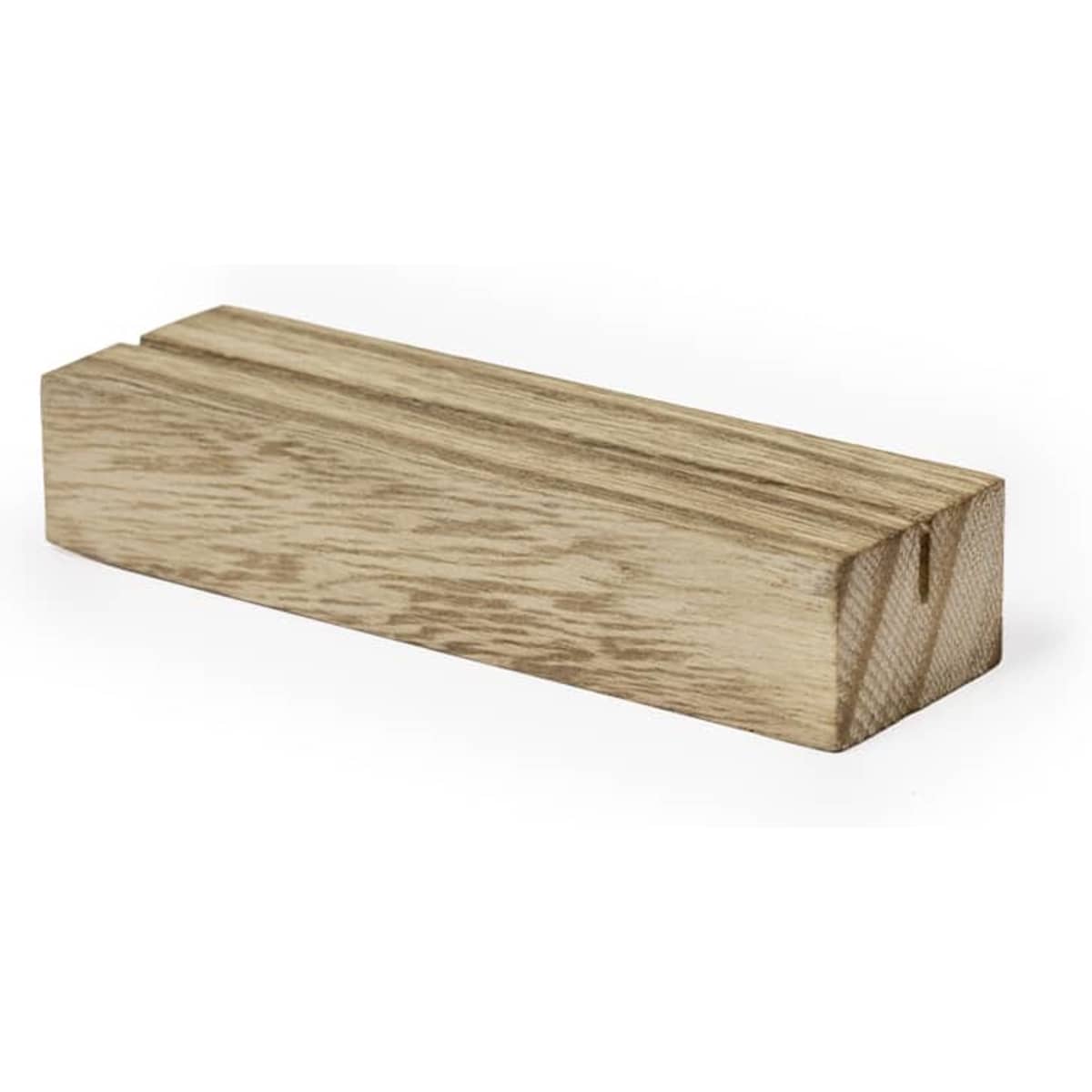 A wooden business card holder with a natural finish, featuring a simple rectangular design. It has a brand logo.