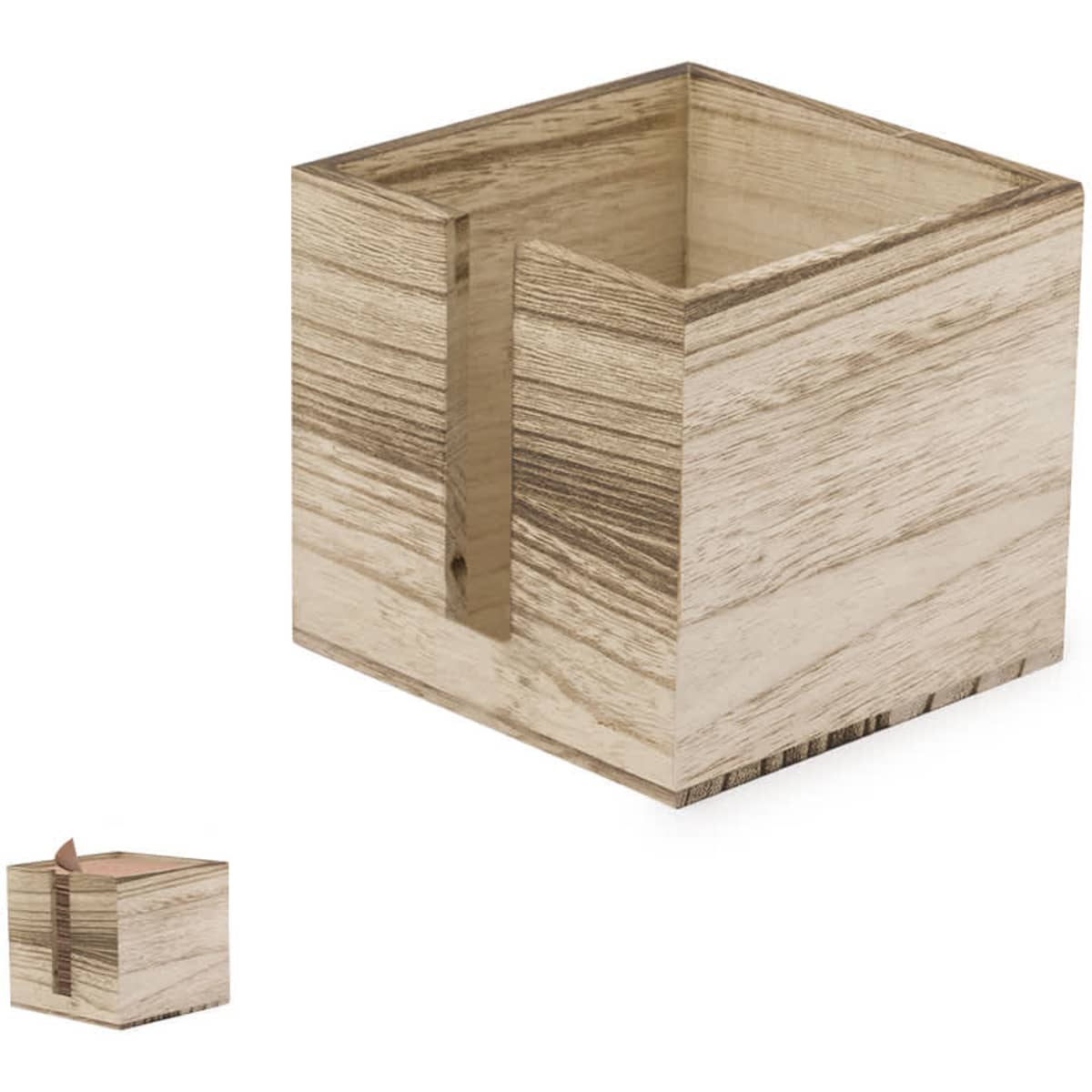A wooden storage box in a light timber finish, featuring a minimalistic design with a smooth texture and open top.