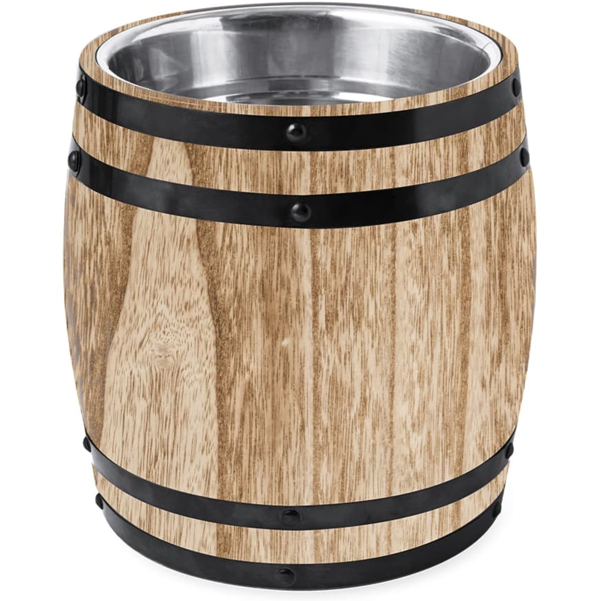 A wooden ice bucket featuring a metal interior and black accents, designed for leisure and outdoor use.