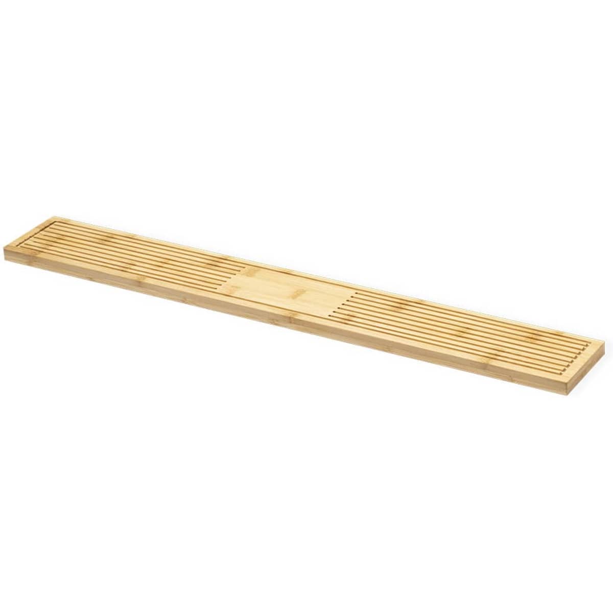 A long bamboo bar mat featuring a slatted design and a central branded area.