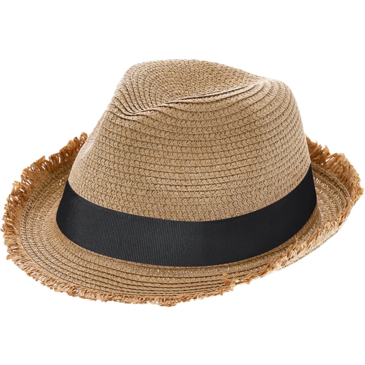 A straw hat in a natural beige colour with a black ribbon band and frayed edges. It features a logo.