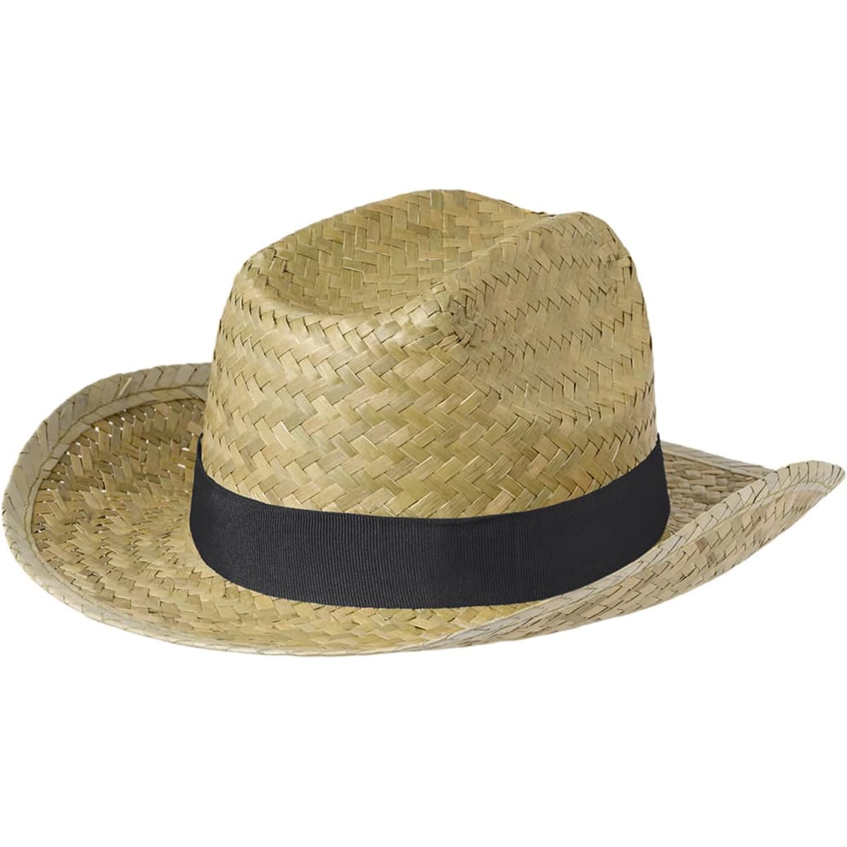 A straw Leone Hat in natural tones with a black band, featuring a wide brim and a classic design.