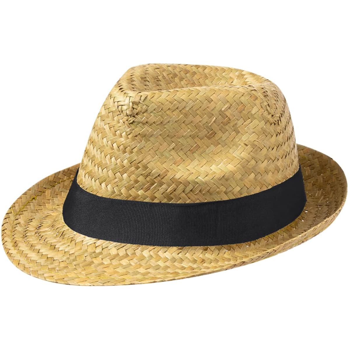 A straw hat in a natural colour with a black band around the base. It has a wide brim and a stylish design.