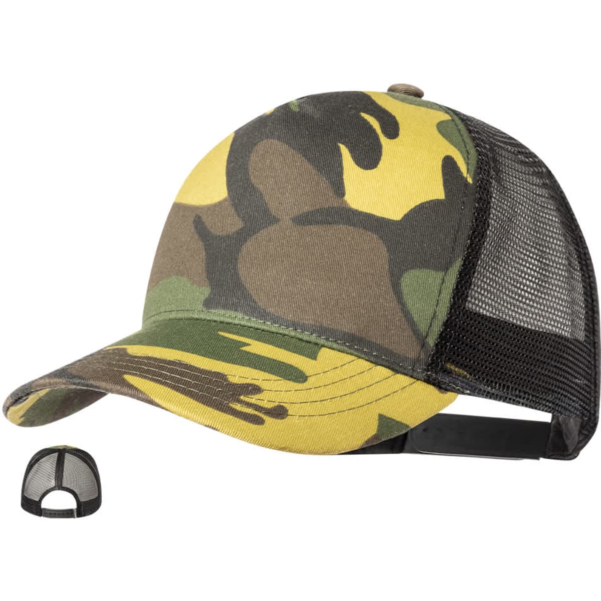 A camouflage cap featuring a yellow and green pattern with a black mesh back and an adjustable strap.