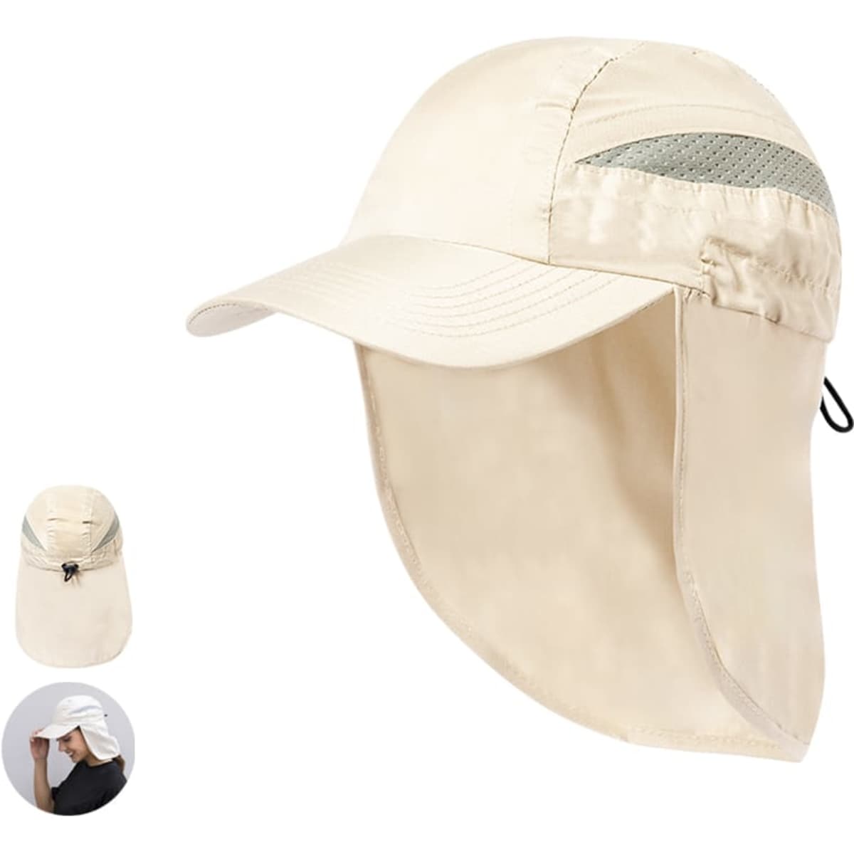 A beige Levant Cap with a wide brim and a detachable neck flap, featuring a logo on the side.