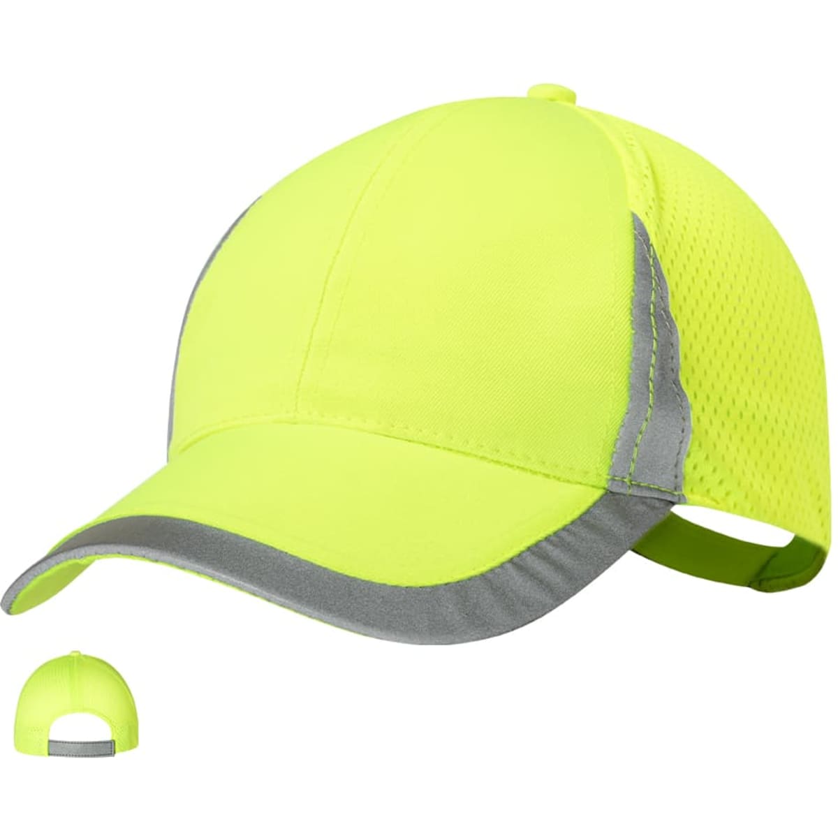 A bright yellow cap with grey detailing and a mesh back, featuring a logo.
