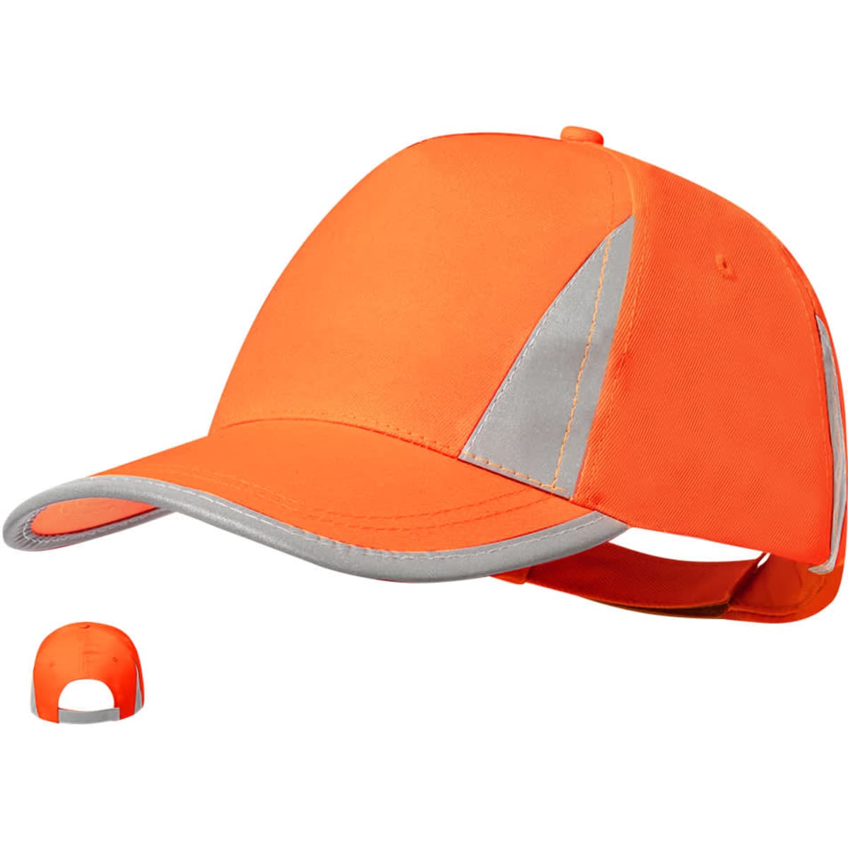 An orange cap featuring reflective accents and a curved brim, displaying a logo on the front.