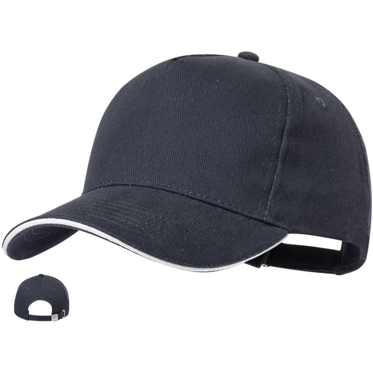 A black cap with a curved brim and adjustable strap, featuring a logo on the front.