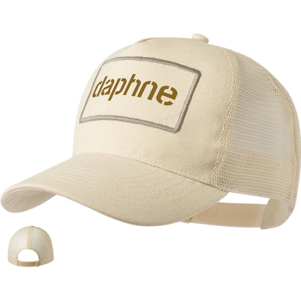 A beige trucker cap featuring a branded patch and mesh back for breathability.