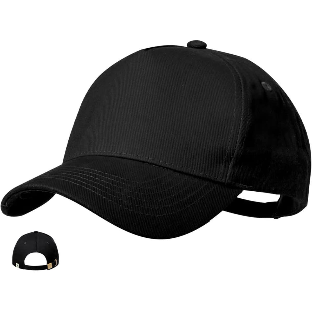 A black cap featuring a curved brim and an adjustable strap at the back. It has a logo on the front.