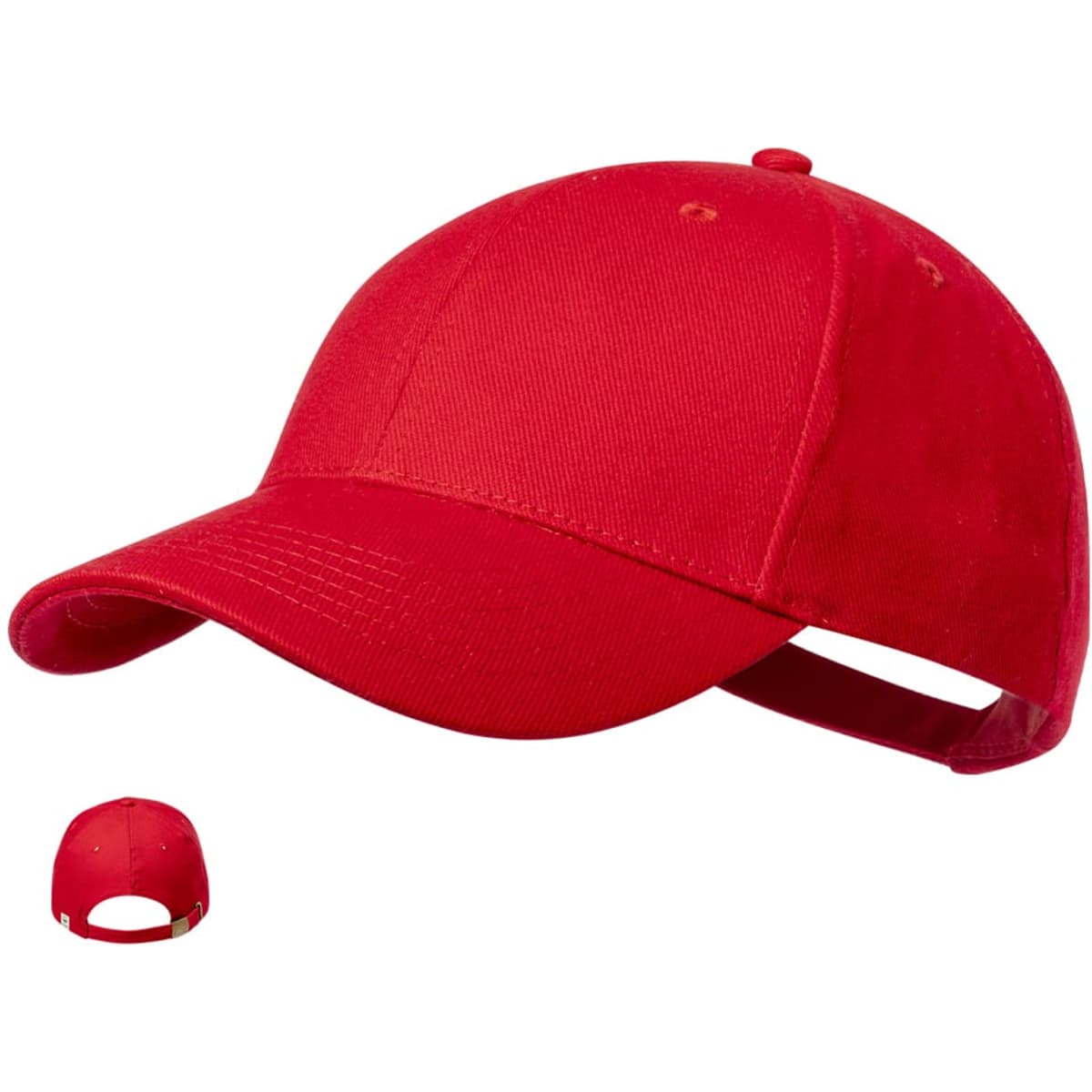 A red cap with a curved brim and an adjustable strap. It features a branding logo.
