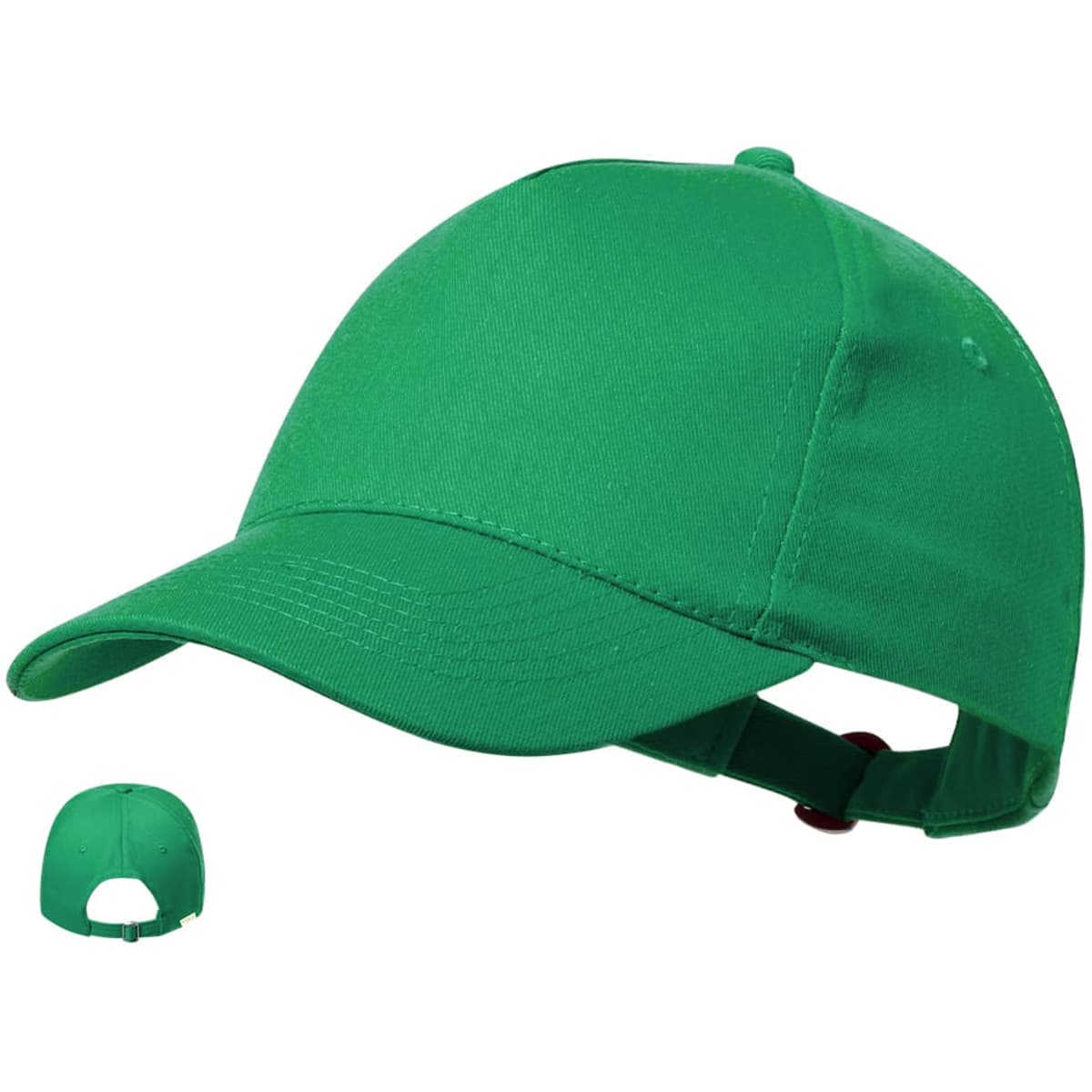 A green cap with a curved brim and an adjustable strap at the back, featuring a logo.