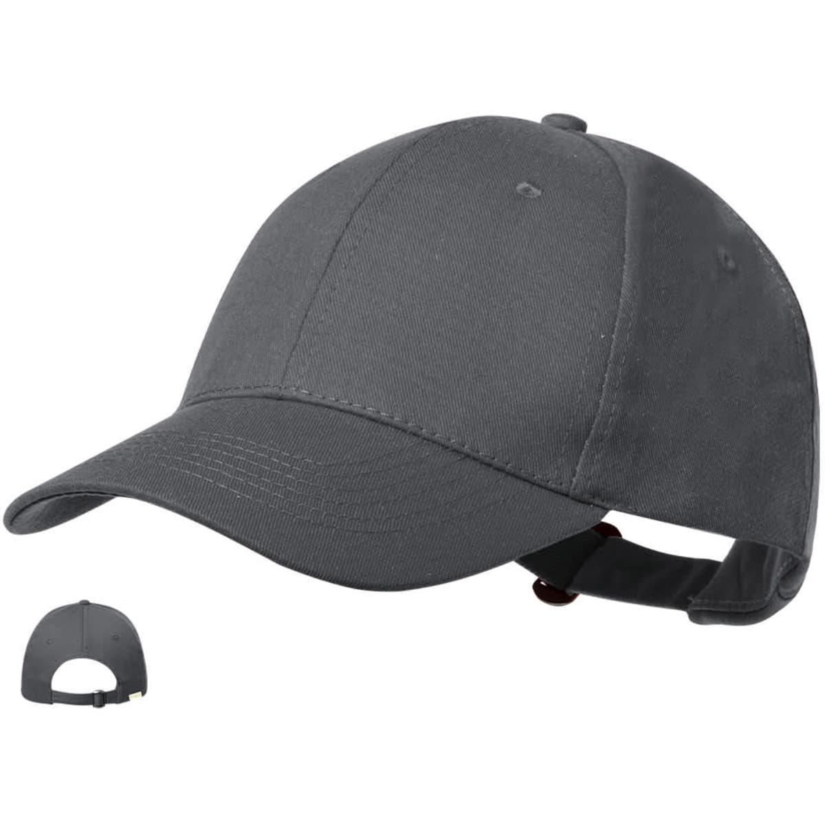 A grey cap with a curved brim and an adjustable strap at the back. Features a logo on the front.