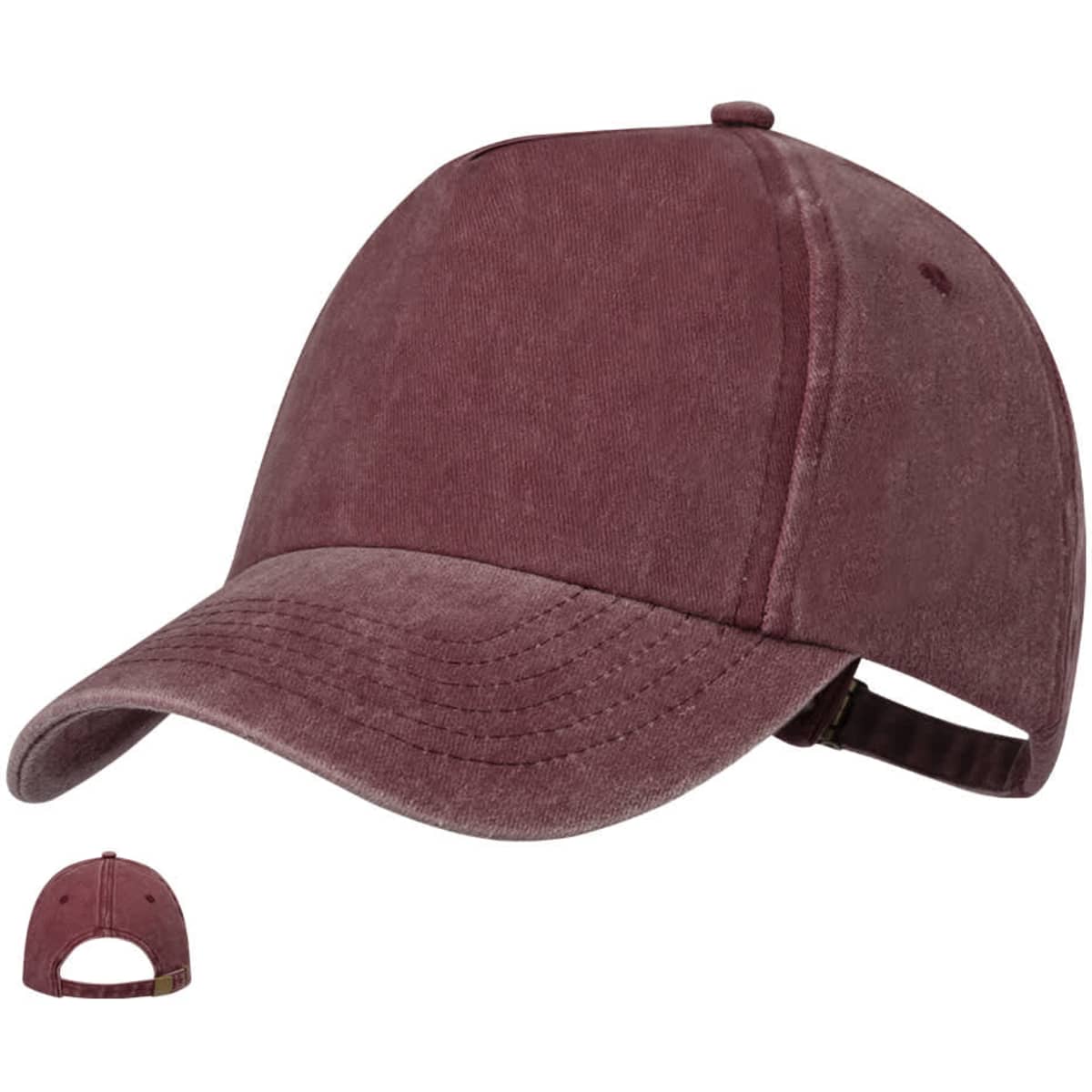 A burgundy cap with a curved brim and an adjustable strap, featuring a logo on the side.