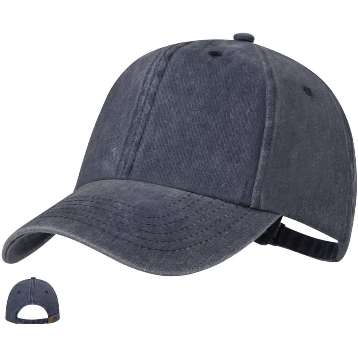 A navy blue cap with a curved brim and an adjustable strap at the back, featuring a logo.