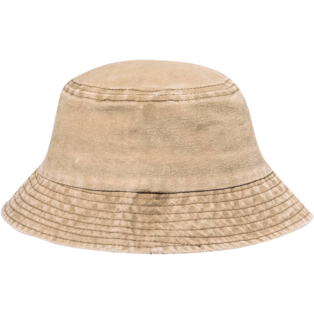A beige bucket hat with a textured surface and a wide brim, featuring a subtle logo.