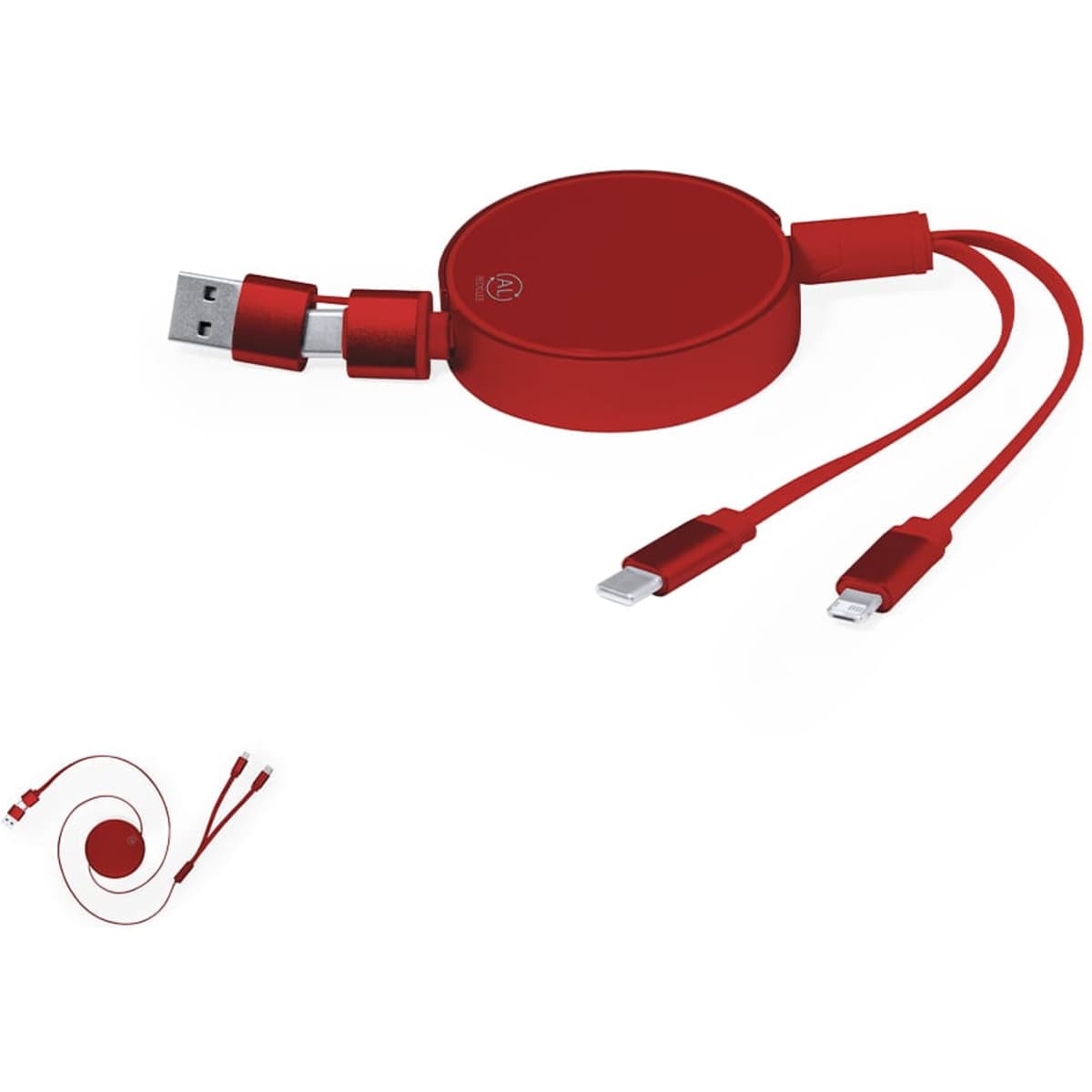 A red retractable charging cable with USB and lightning connectors, featuring a circular pull-out design and a logo.