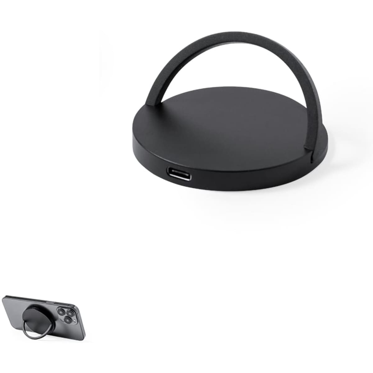 A black wireless charger with a curved handle, featuring a USB port on one side.