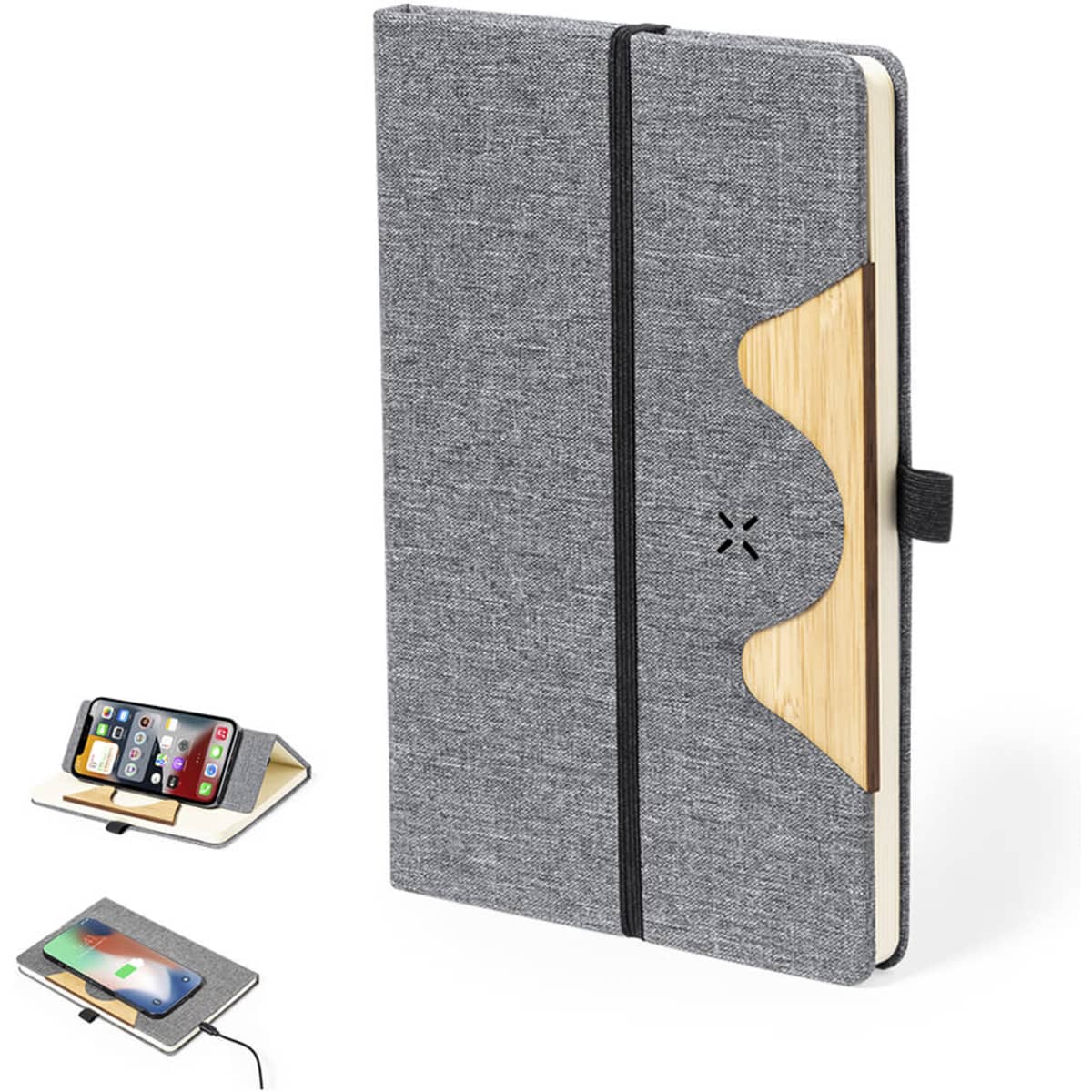 A wireless charger designed to resemble a notebook, featuring a grey fabric cover and a bamboo accent.
