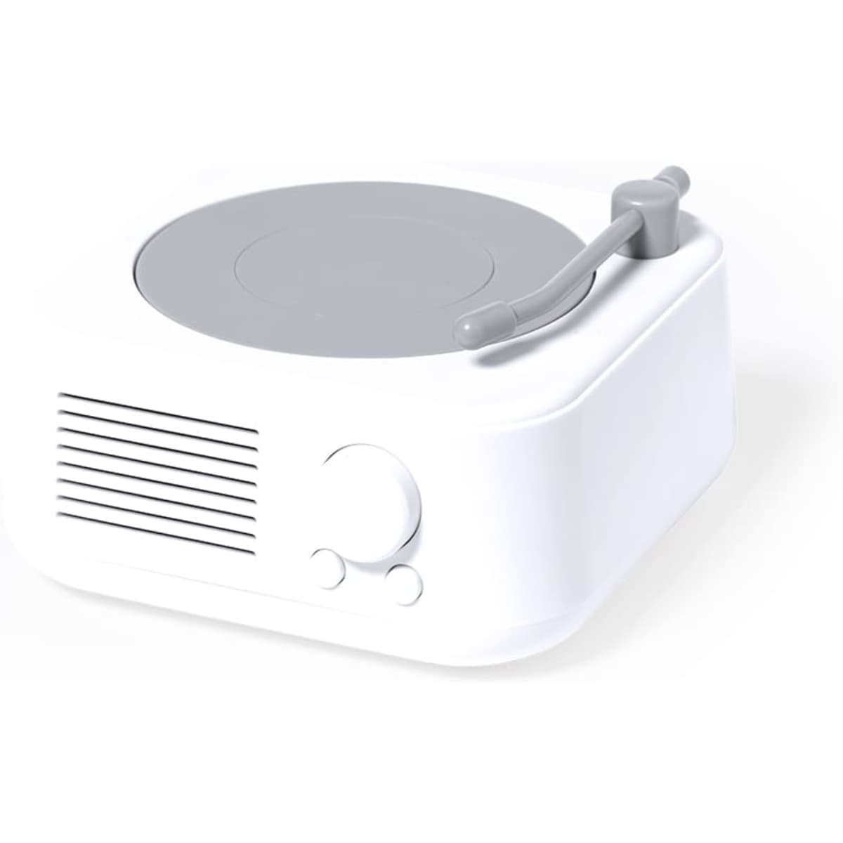 A white Bluetooth speaker with a grey circular top, featuring a simplified turntable design and small controls.