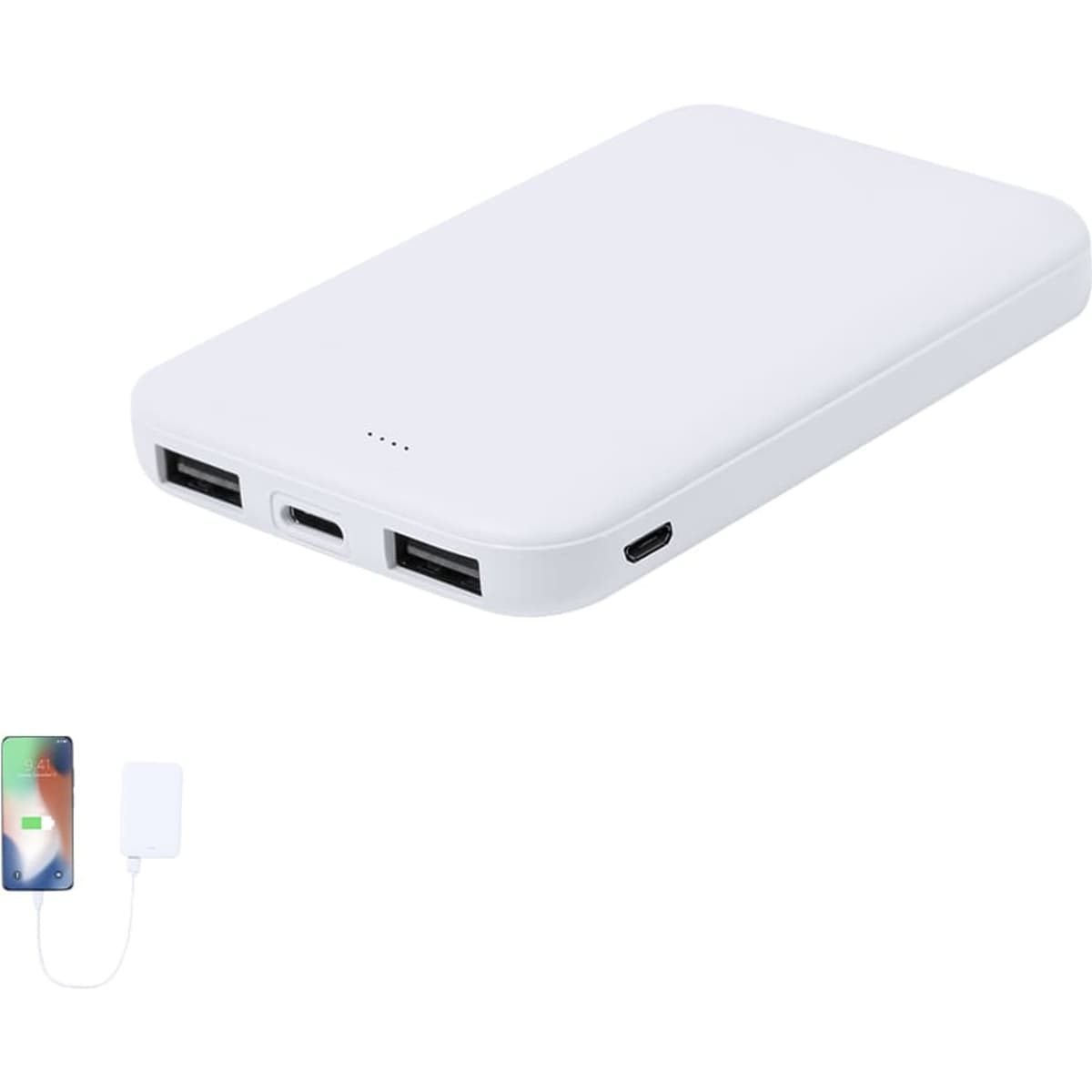 A white power bank with multiple ports and a sleek design, accompanied by a smartphone illustration.