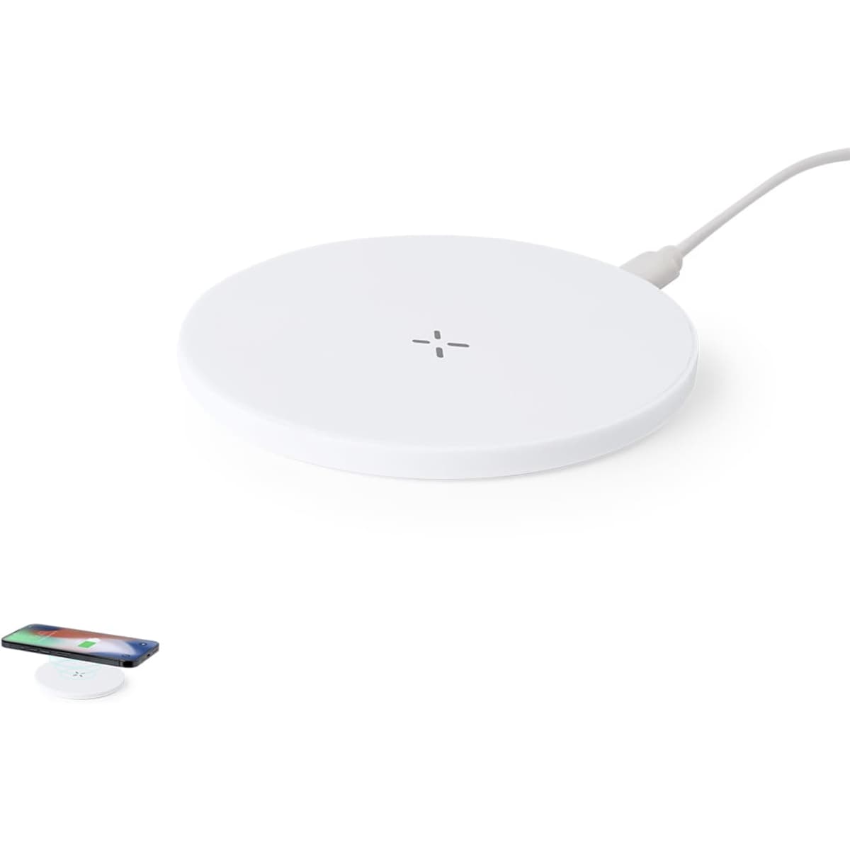 A white round wireless charger with a charging cable attached, featuring a small logo in the centre.