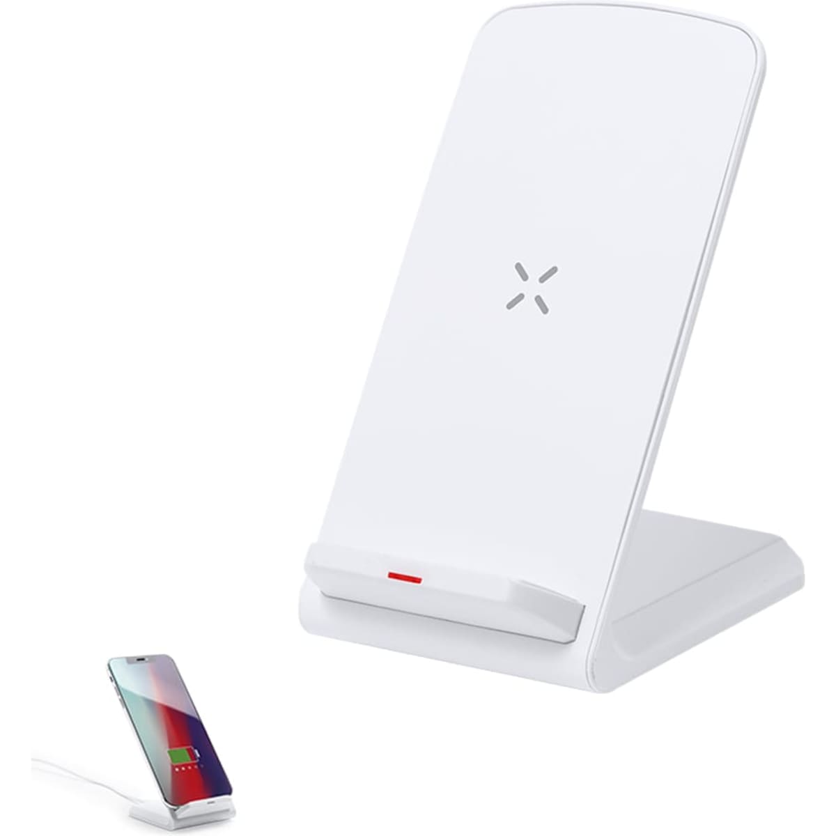 A wireless charger in white, designed as a stand with a subtle logo and a small red indicator light.