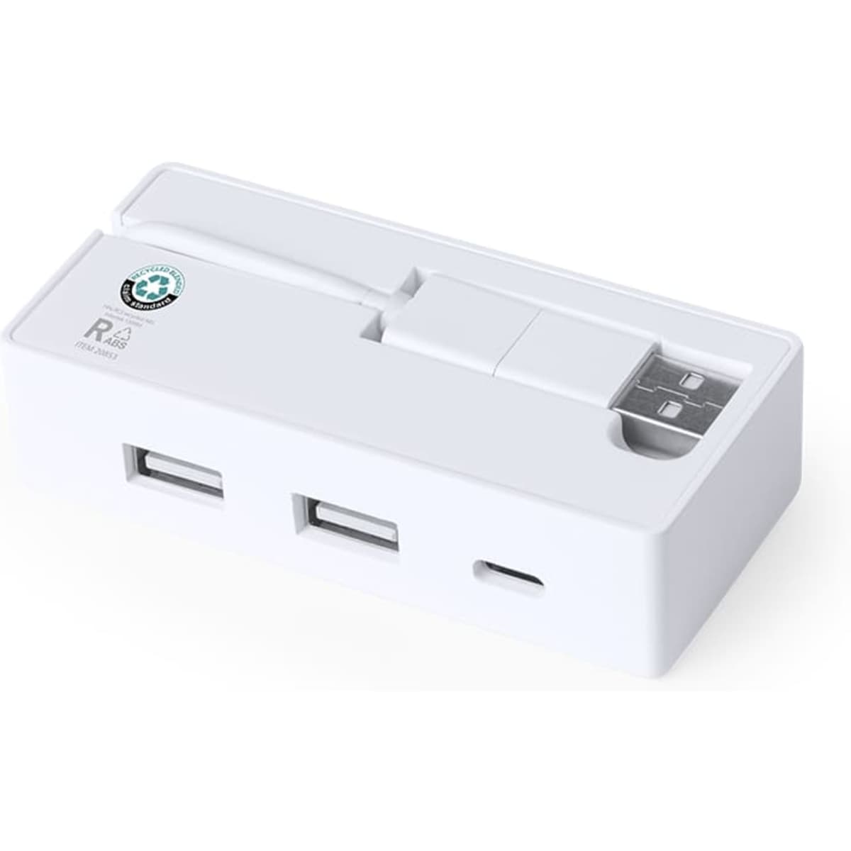 A white USB hub with multiple ports and a removable USB connector. It features a small logo on the surface.