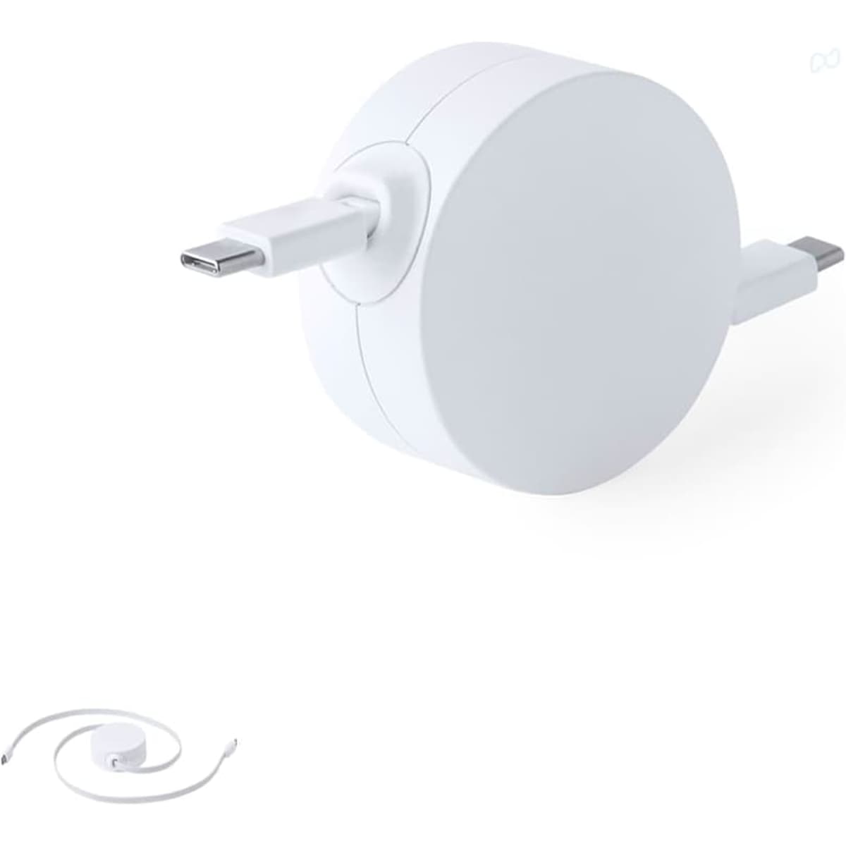 A white circular charging cable with a retractable design and USB-C connector. It features a logo on the surface.